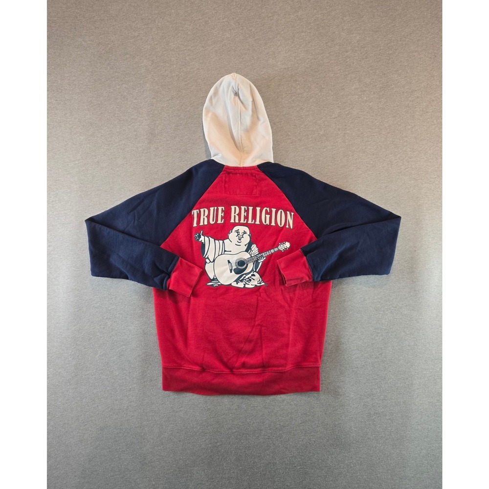 True Religion Zip Hoodie Mens Small Red Blue Buddha Guitar World Tour Raglan